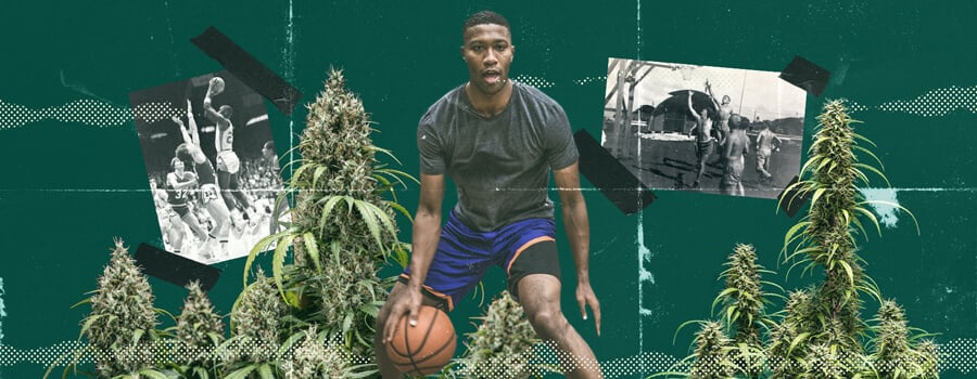 A group of people playing basketball while high, enjoying the intensity and fun of the game, illustrating the lively atmosphere of casual sports under the influence of cannabis.