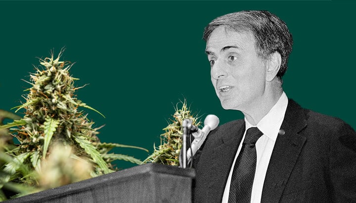 A detailed portrait of Carl Sagan speaking into a microphone, set against a green background with vibrant, lush cannabis plants.