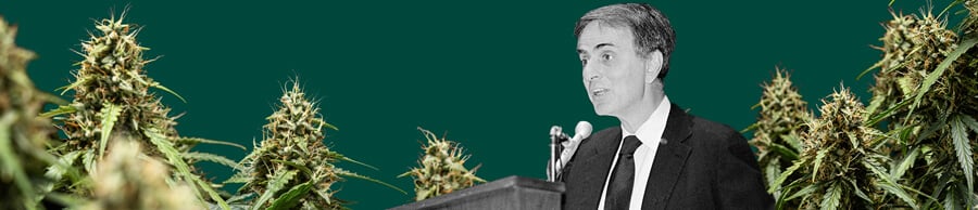 A detailed portrait of Carl Sagan speaking into a microphone, set against a green background with vibrant, lush cannabis plants.