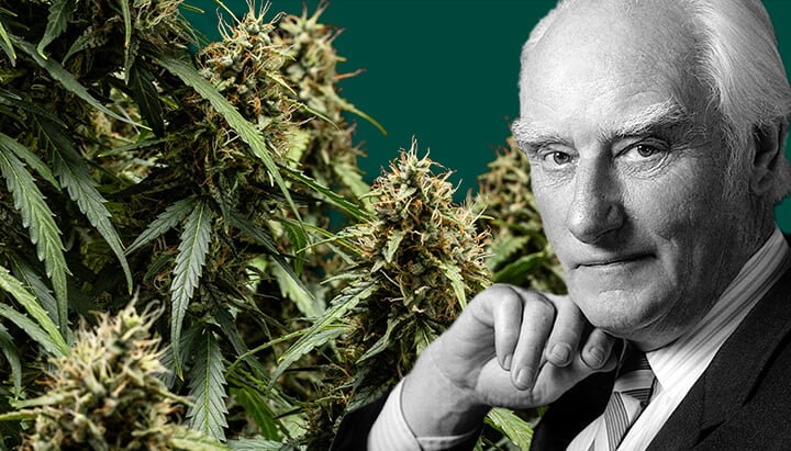 Black and white portrait of Francis Crick, featuring his hand on his chin, with cannabis plants to his left and a dark green background.