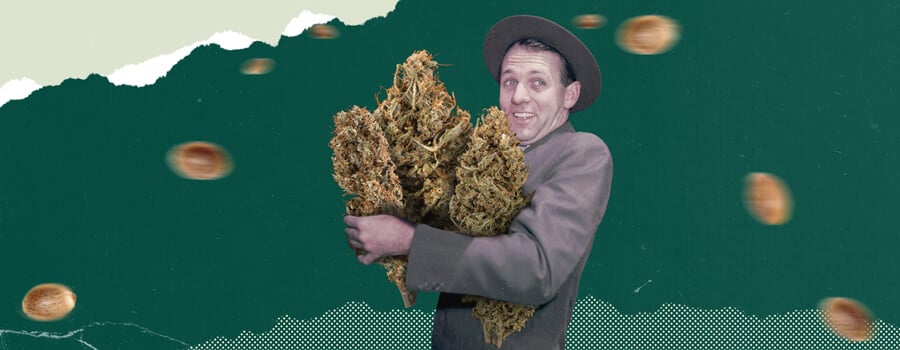 Excited cannabis shopper holding large cannabis buds during Green Wednesday 2024, the cannabis industry's answer to Black Friday.