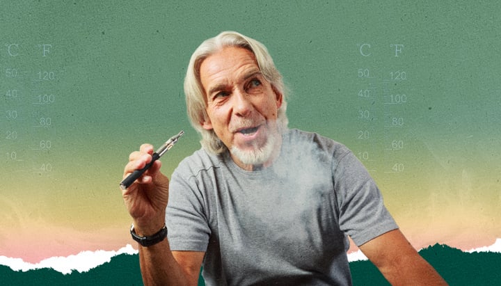 Senior man with gray hair and beard using a vape pen, temperature scales in the background, wearing a gray t-shirt, vaping image for temperature control.