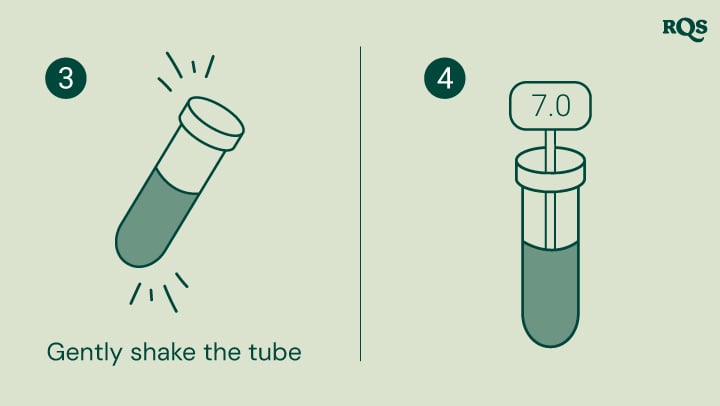  Instructions for testing soil pH: Gently shake the test tube and compare the liquid's color to a chart to determine soil pH. The image displays a test tube with a pH of 7.0, indicating neutral soil.