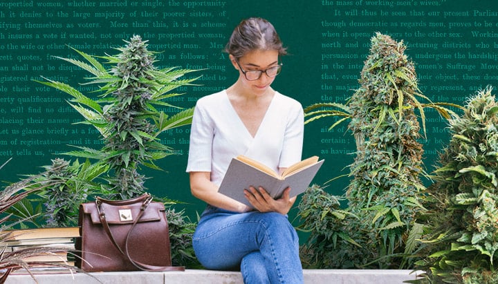 Young woman reading a book surrounded by lush cannabis plants in a vibrant garden, highlighting relaxation and nature.