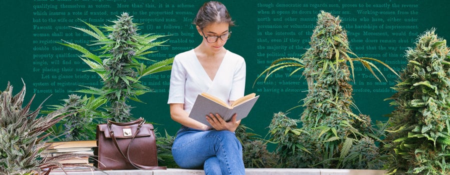 Young woman reading a book surrounded by lush cannabis plants in a vibrant garden, highlighting relaxation and nature.