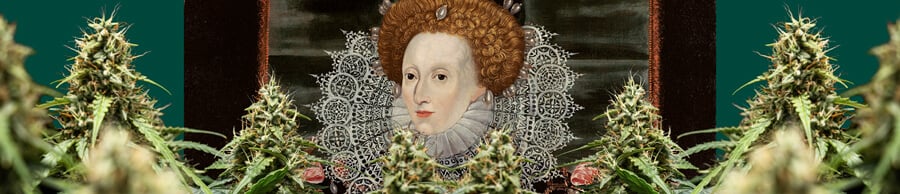 A colorful portrait of Queen Elizabeth I, centered and framed by cannabis plants with dense buds, against a dark green background.