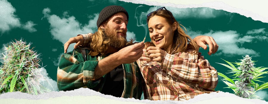 Two friends sitting outdoors, enjoying a lit joint while sharing laughter.