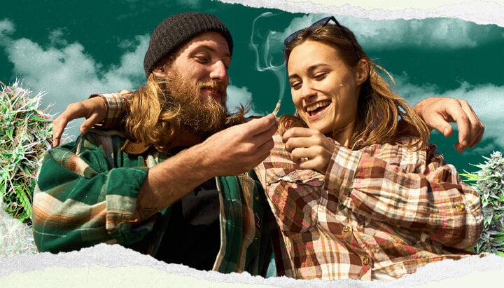 Two friends sitting outdoors, enjoying a lit joint while sharing laughter.