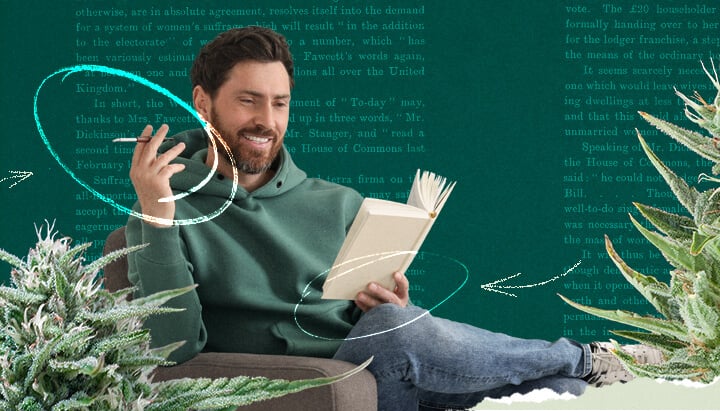 A man relaxing while reading a book and smoking a cigarette, with a cannabis plant prominently visible in the background, creating a serene and contemplative atmosphere.