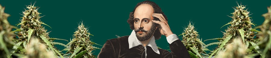 William Shakespeare’s portrait, hand on temple, surrounded by lush cannabis plants against a dark green background.