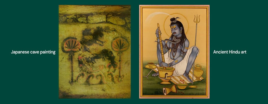 Side-by-side comparison: a faded cave painting of a figure with trees, and a vibrant modern depiction of Shiva holding a trident and staff.