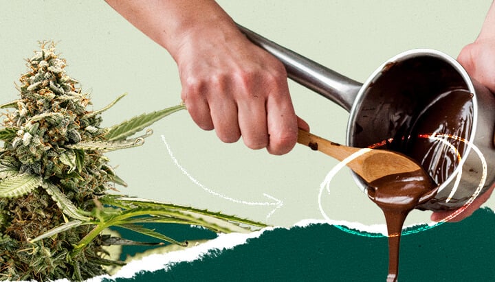 Person stirring a pot of melted chocolate, collaged with an image of a cannabis plant for visual contrast.