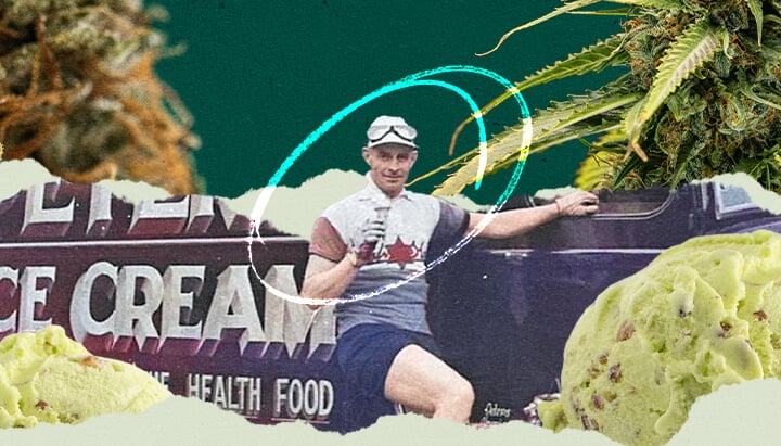 A colorful collage combining elements of an ice cream truck, marijuana plants, and a man enjoying an ice cream. Two scoops of ice cream and the marijuana plants add a fun and relaxed vibe to the image.