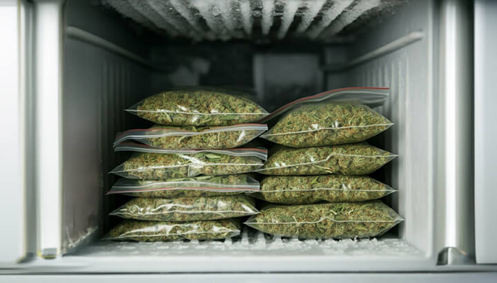 Stacked clear bags filled with dried herbs in a freezer compartment.