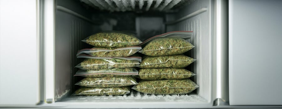 Stacked clear bags filled with dried herbs in a freezer compartment.