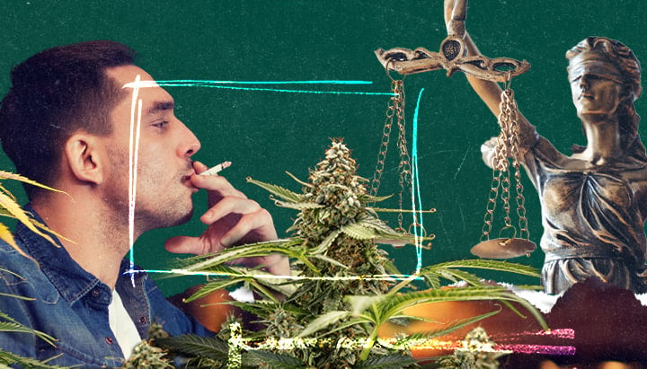 Digital collage of a man smoking a joint, cannabis plants, and Lady Justice holding scales, symbolizing cannabis laws. Green textured background with neon-style accents.