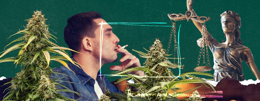 Digital collage of a man smoking a joint, cannabis plants, and Lady Justice holding scales, symbolizing cannabis laws. Green textured background with neon-style accents.