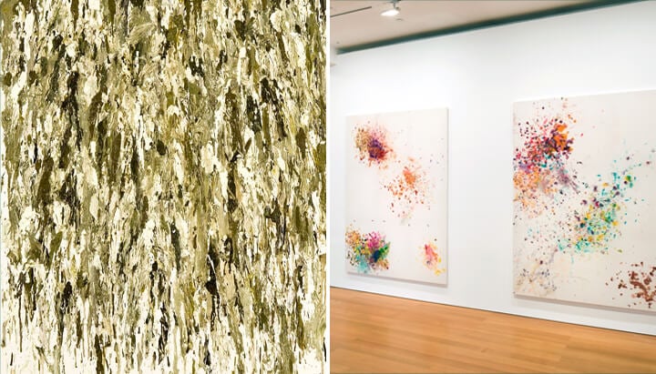 Abstract painting close-up with textured green and brown brushstrokes on the left, and a modern art gallery featuring three colorful abstract paintings on white walls on the right.