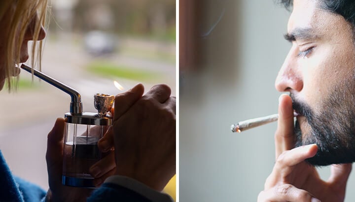 Woman dabbing and man smoking marijuana joint in two separate images.