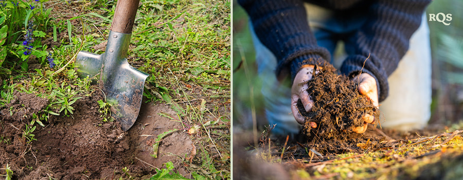 Comparison of gardening methods: Left image of intensive gardening in a structured setup, right image of extensive gardening in an open field.