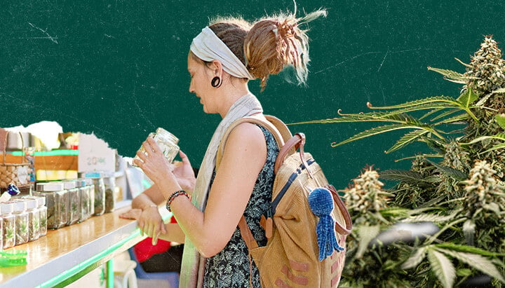 Collage of a woman with dreadlocks holding a jar in a cannabis dispensary. Dark green background with marijuana plants visible on the right. 