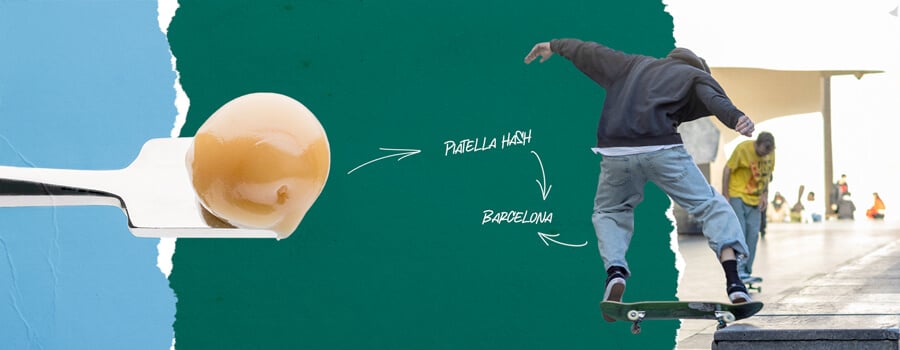 Collage showing a slab of hash on a metal spatula on the left, and a skater performing a trick in Barcelona on the right.