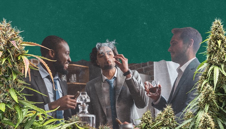 Three men in suits are relaxing indoors, with one smoking a joint. They are surrounded by images of cannabis plants.