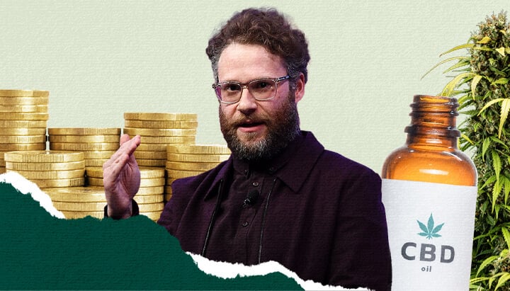 A collage highlighting Seth Rogen and the cannabis industry, featuring a stack of gold coins, a cannabis plant, Seth Rogen gesturing, and a CBD oil bottle, symbolizing cannabis business and culture.