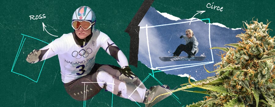 A collage featuring professional snowboarders Ross Rebagliati and Circe Wallace, known for their cannabis advocacy alongside their snowboarding careers.