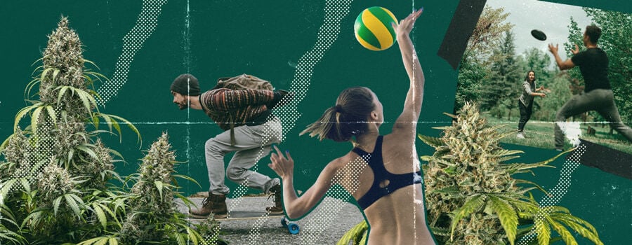 A collage of people enjoying Ultimate Frisbee, beach volleyball, and longboarding while high, showcasing the fun and laughter of playing sports under the influence of cannabis.