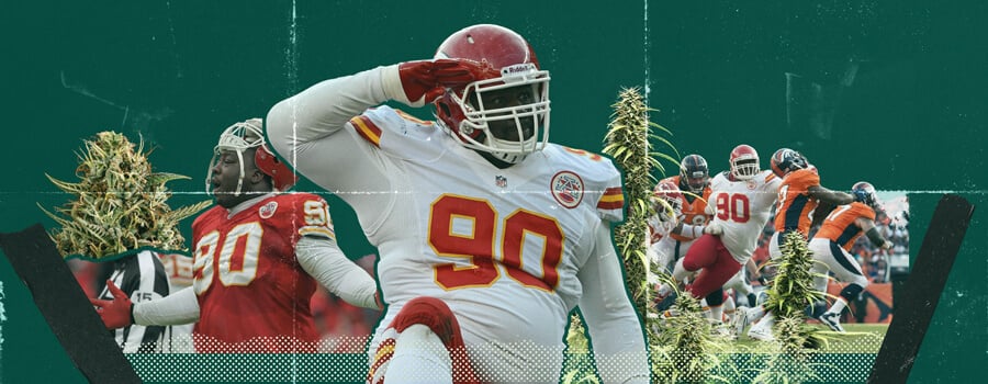 A collage featuring Shaun Smith, former Dallas Cowboys player, surrounded by cannabis plants. The image highlights the connection between cannabis use and sports performance.