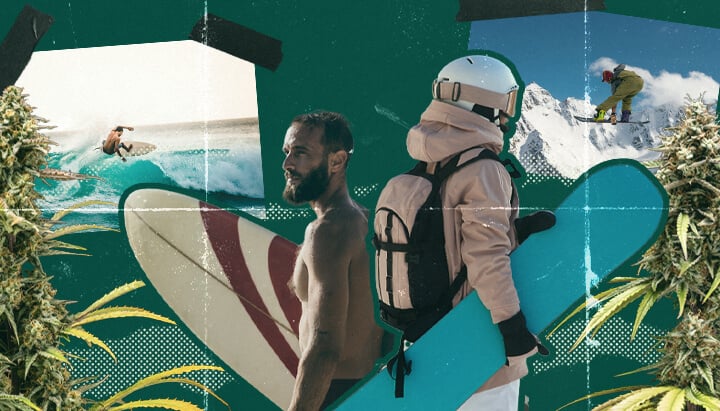 A collage featuring surfers catching waves with snow-capped mountains in the background, symbolizing the perfect blend of surfing, snow sports, and cannabis enjoyment. The scene captures the essence of outdoor activities while high.