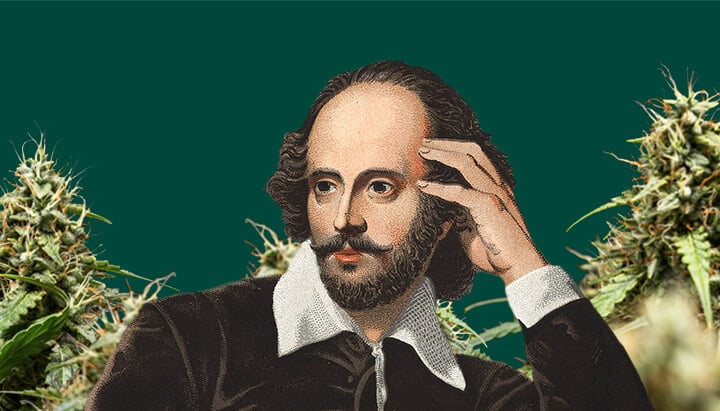 William Shakespeare’s portrait, hand on temple, surrounded by lush cannabis plants against a dark green background.