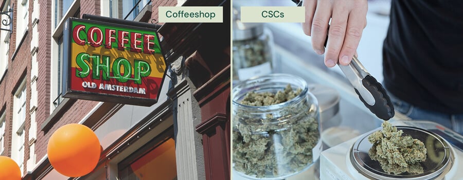 A side-by-side comparison of a Dutch coffeeshop sign reading 