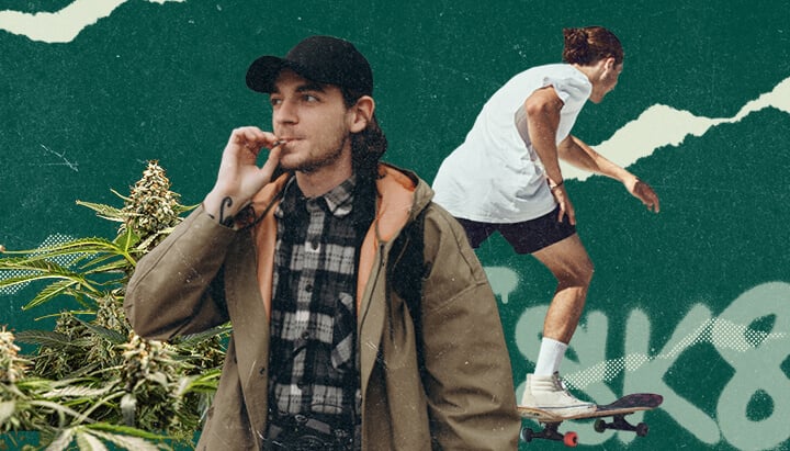 Young man smoking a cannabis joint and a skateboarder in action.