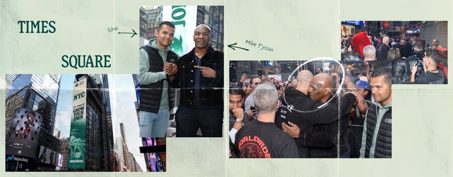 A collage of photos related to Times Square in New York City, featuring the iconic Times Square billboard, a photo of Mike Tyson, and images of people enjoying the bustling atmosphere of Times Square.