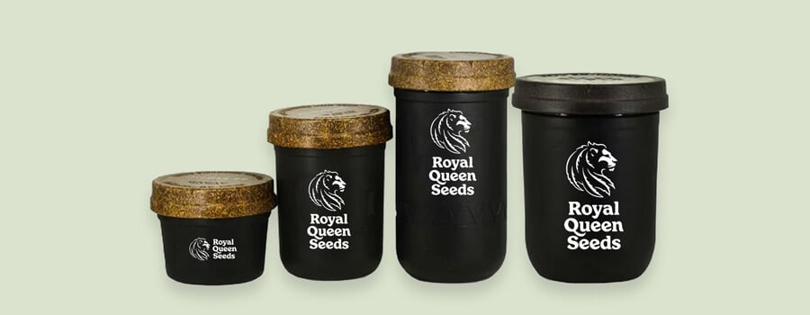 Modern Royal Queen Seeds containers in different sizes. Illustrates how cannabis packaging has evolved to better preserve product quality