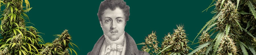 Black and white portrait of Alexandre Dumas with a green background, featuring cannabis plants surrounding the iconic writer.