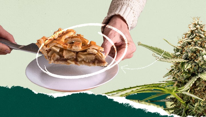 A person cutting a slice of apple pie, combined in a collage with an image of a cannabis plant. Visual representation for culinary and cannabis themes.