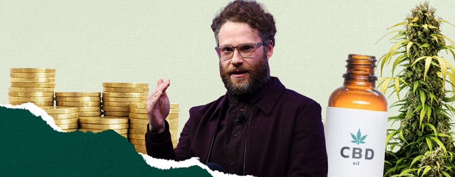 A collage highlighting Seth Rogen and the cannabis industry, featuring a stack of gold coins, a cannabis plant, Seth Rogen gesturing, and a CBD oil bottle, symbolizing cannabis business and culture.