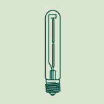 A line drawing of a slender light bulb with a clear glass tube, metal base, and vertical filament lines, commonly used in indoor gardens for plant lighting.