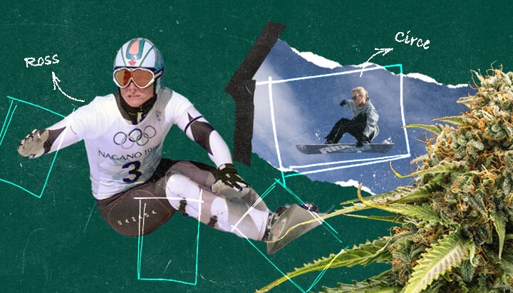 A collage featuring professional snowboarders Ross Rebagliati and Circe Wallace, known for their cannabis advocacy alongside their snowboarding careers.