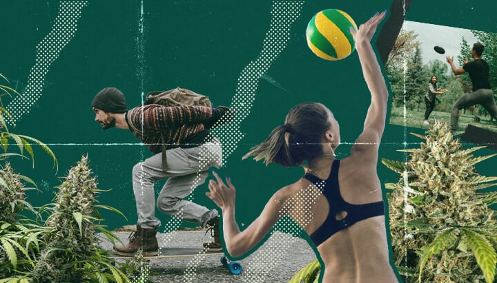 A collage of people enjoying Ultimate Frisbee, beach volleyball, and longboarding while high, showcasing the fun and laughter of playing sports under the influence of cannabis.