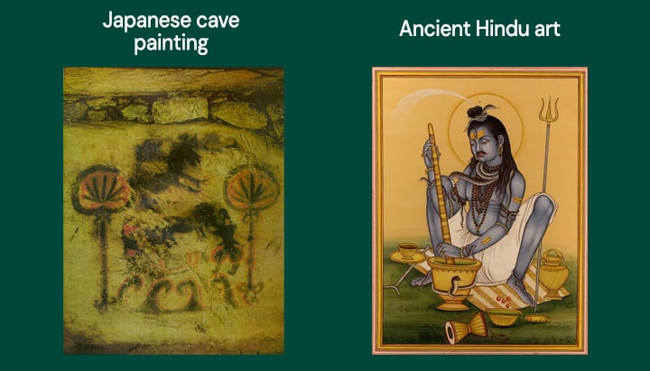 Side-by-side comparison: a faded cave painting of a figure with trees, and a vibrant modern depiction of Shiva holding a trident and staff.