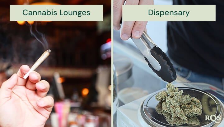 A split image shows a hand holding a lit joint in a cannabis lounge on the left, and a person using tongs to select cannabis from a jar in a dispensary on the right.