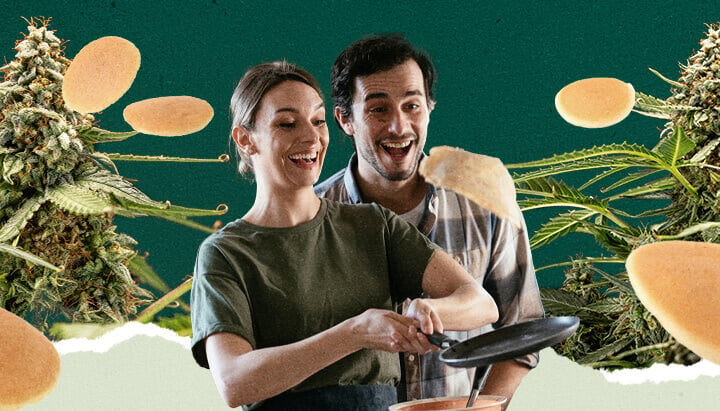 Couple cooking pancakes in a kitchen with cannabis plants in the background.