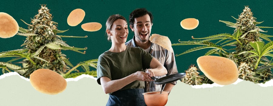 Couple cooking pancakes in a kitchen with cannabis plants in the background.