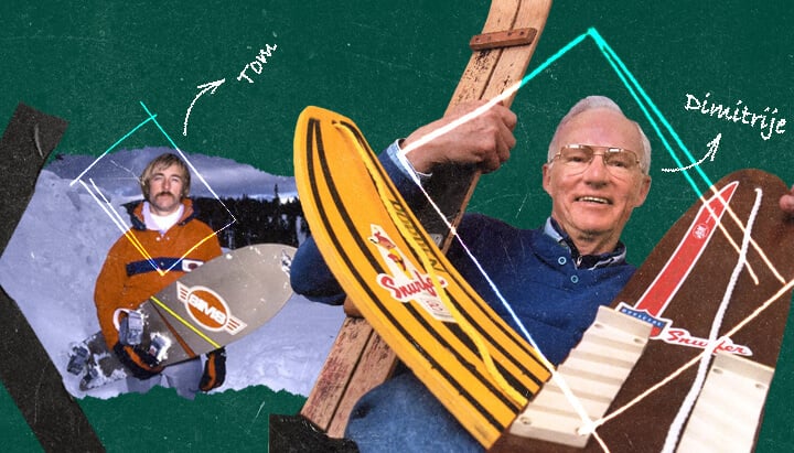 Historical collage showcasing the evolution of snowboarding, from its humble beginnings with the Snurfer to becoming an Olympic sport. Vintage board designs and the evolution of bindings are visible.