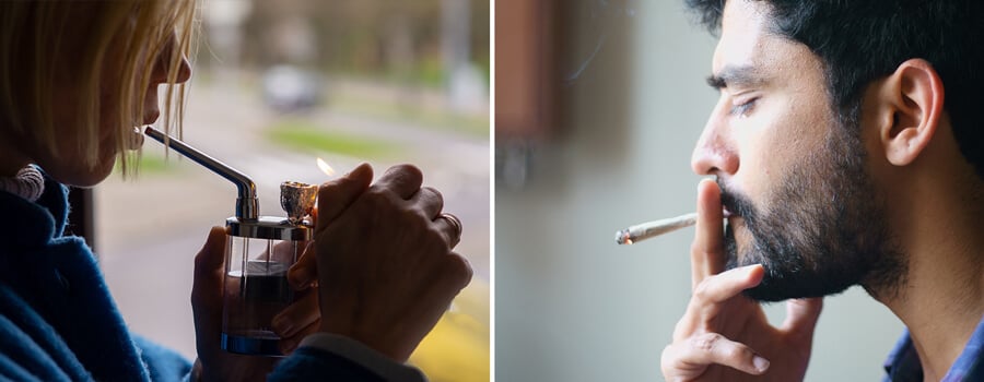 Woman dabbing and man smoking marijuana joint in two separate images.