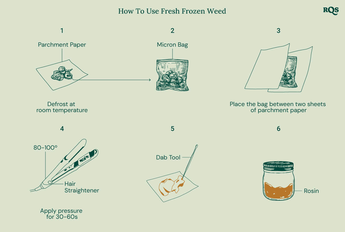 Illustrated guide showing how to use fresh frozen weed for rosin extraction. Steps include defrosting on parchment paper, placing in a micron bag, using a hair straightener at 80-100°C for 30-60 seconds, and collecting rosin with a dab tool.